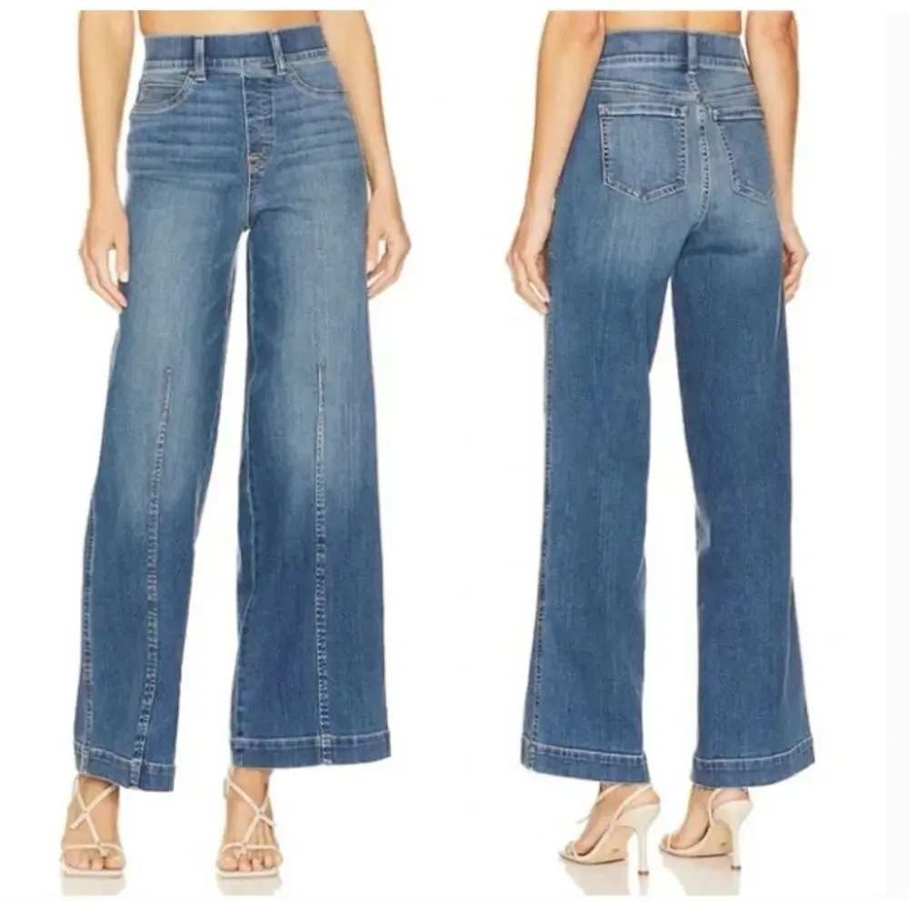 Spanx Seamed Front Wide Leg Pull On Jeans Vintage Indigo Size Large‎ 20407R